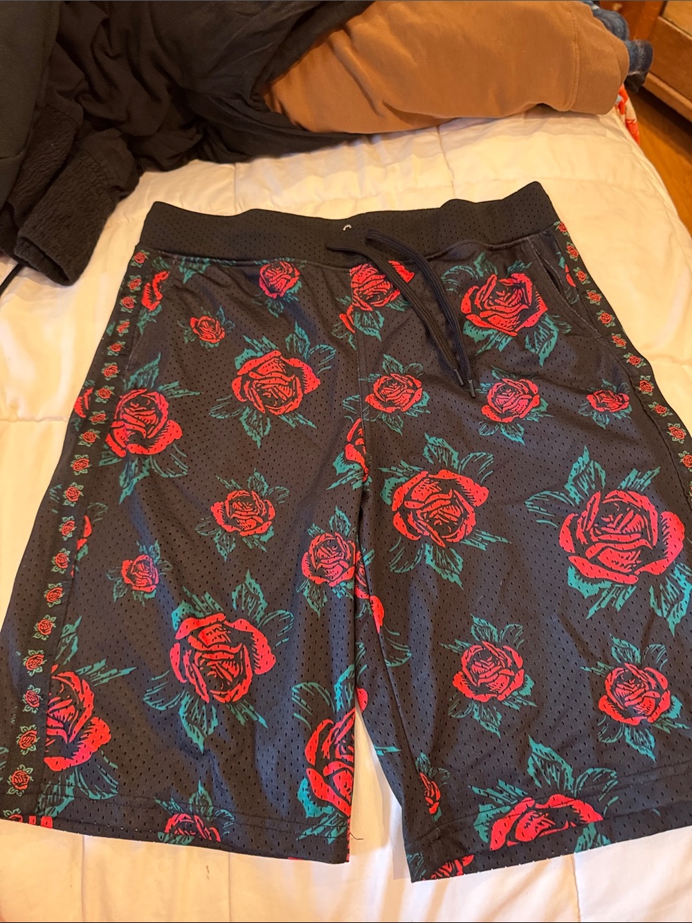 Empyre Black Athletic Shorts with Red Rose Print